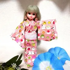 【Ｎｏ．84】リカちゃん浴衣 シマエナガとフルーツ大福 ピンク