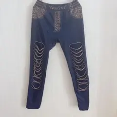 【裏起毛】ダメージ Lレギンスパンツ レオパード 豹柄 デニム風 ネイビー 極暖