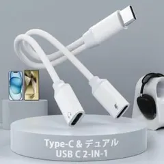 ハイレゾ音質 タイプC イヤホン変換アダプタ 2in1 USB-C ホワイト