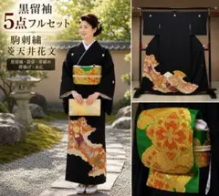 美品 黒留袖セット 袋帯 末広 帯締め 帯揚げ 5点セット 結婚式 作家物