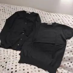 ine アンサンブル　黒 カーディガン+半袖トップス サイズ2