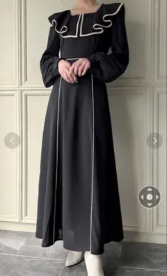 【最終値下げ　ジュノア】フリル付き長袖ブラックワンピース　L 秋コーデ　きれいめ