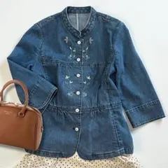 デニムジャケット ノーカラー 9号 刺繍 ノーカラー 七分袖 ストレッチ M相当