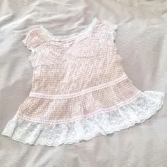 J743 メゾピアノ ギンガムチェックチュニック リボン ピンク レース 120