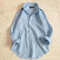 ポロラルフローレン リネンシャツ ブルーストライプ XS ワンポイント刺繍