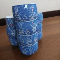 青色花柄陶器湯飲み10個セット
