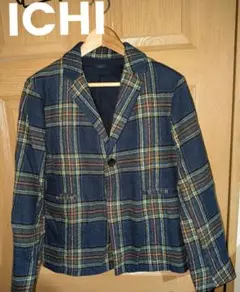 ICHI ネイビー系チェック柄テーラードジャケット 一つボタン
