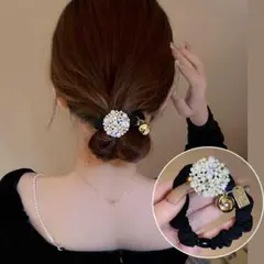 ブラック パール フラワーデザインヘアゴム ヘアアクセサリー ヘアゴム