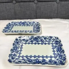 波佐見焼 青い花柄の長方形皿 2枚セット