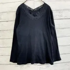 ikka レース リブ カットソー✨ブラック L 春秋 レディース Vネックのサムネイル