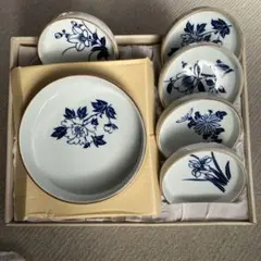 青い花柄陶磁器食器セット 7枚