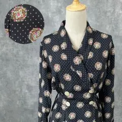 ダブルプレストワンピース フレアスカート ドット柄 小花柄 海外古着 M相当