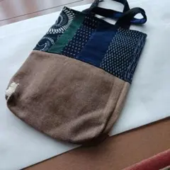 柿渋染め古布酒袋藍染め雪ん子庄内刺し子2way手提げポシェットリメイク手作り 柿渋染め古布酒袋刺し子藍染め型染め雪ん子2wayリメイクショルダー