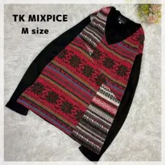 【TK MIXPICE】ノルディック柄 ニットトップス M ブラック×レッド
