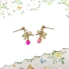 No.707☆リボン×雫（ピンク×イエロー） ピアス イヤリング マスクチャーム