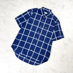 極美品 ラコステ 立体ウィンドウペーンボタンダウンシャツ 半袖 青M*LD138