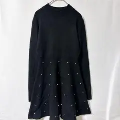 GRL 【L】パール装飾 ニットワンピースフレア 長袖上品大人可愛い［1点物］