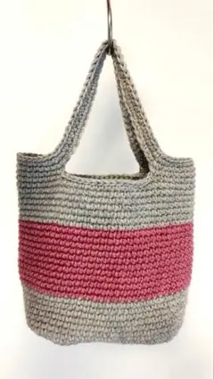 かぎ針編みトートバッグ　グレーｘピンク