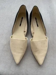 ZARA ベージュ 黒 バイカラー ポインテッドトゥフラットシューズ 37
