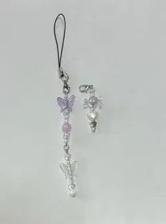 ハンドメイド 蝶のストラップ 紫