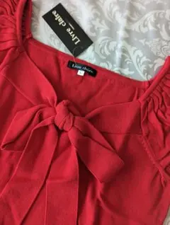 大きいサイズ　カットソー　レッド　リボン　パフスリーブ