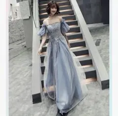 ライトブルー オフショルダー パーティードレス