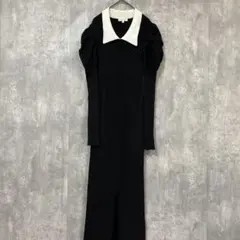 rienda バイカラーチェルシーカラーニットワンピースパフスリーブ　ブラック