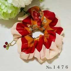 シュシュ 花柄 オレンジ 赤 ハンドメイド No.1476