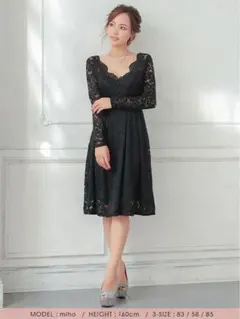 総レース長袖ハイウエスト切替フレア膝丈ドレスワンピース