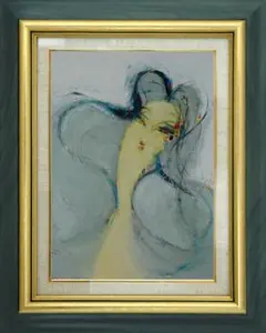 油絵 菅家令子絵 絵画インテリア額付(青緑＋金色の枠)F6-050113人物