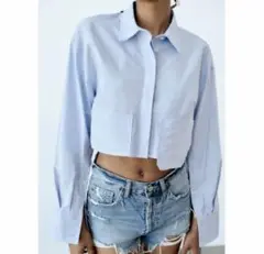 ザラZARA クロップド ポプリンシャツ　ブルー