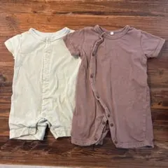 くすみパープル くすみグリーン 半袖ロンパース 2点セット 60-70