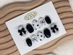 749.現品ネイルチップ　モノクロ3Dリボンシンプルガーリーネイル