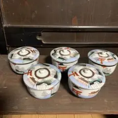 昭和レトロ　蓋付き湯呑み茶碗　5組B