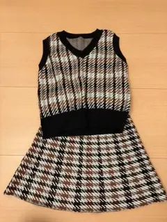 ブラウン チェック柄 ニット スカートセットアップ