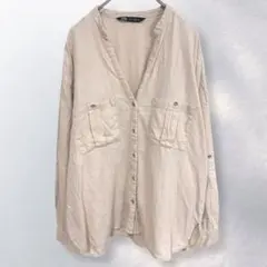 ザラ ZARA リネンシャツ Vネック シンプル ナチュラル 無地 L《i724