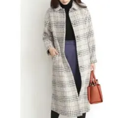 チェック柄　ロングコート　ベージュ　ツイード　丸襟　コート　スリット　M