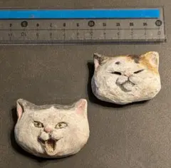 猫　フェイス　陶土　ブローチ　ハンドメイド　ぶさかわ　リアル
