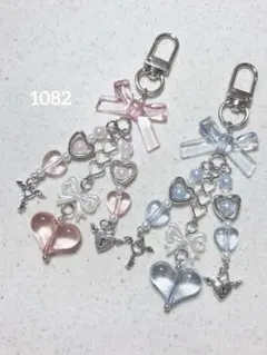 ビーズキーホルダー ピンク 青 水色 リボン ハート 韓国 y2k 2点