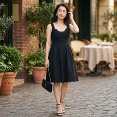 Y9507*クードシャンス☆黒☆ワンピース☆38☆M☆刺繍☆レース☆膝丈☆春夏