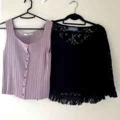 2点　【美品】ラベンダーリブタンクトップと黒レース刺繍トップスセット