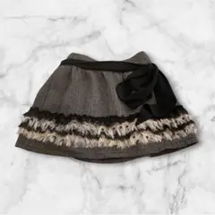 130 子供服ミニスカート ヘリンボーン フリル リボン 黒 ベージュ