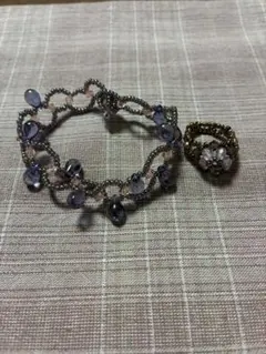 【ハンドメイド】紫色ビーズの波状ブレスレットと指輪