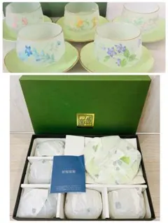 ✨新品未使用✨前畑陶器 庫山窯 四季草花 冷茶碗揃 茶托付き5客セットのサムネイル