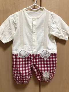スヌーピー 赤チェックロンパース