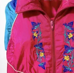 90s 刺繍ナイロンジャケット 花柄 マルチカラー ピンク L ヴィンテージ