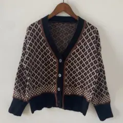 肉厚生地で暖かい＊アウター ブラウン ブラック ダイヤモンド模様 カーディガン