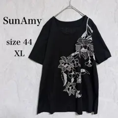 新品タグ付 サンアミー◇花柄プリントTシャツ ラインストーン 黒 44 XL
