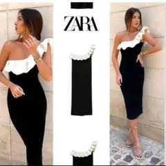 タグなし新品未使用　ZARAワンショルダー　フリルワンピース　黒膝丈ドレス⭐︎