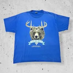 90sUSA製熊鹿アニマルTシャツブルー青半袖オーバーサイズビンテージ古着2XL